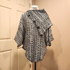 Black & white tweed knit oversized batwing sleeve shawl sweater